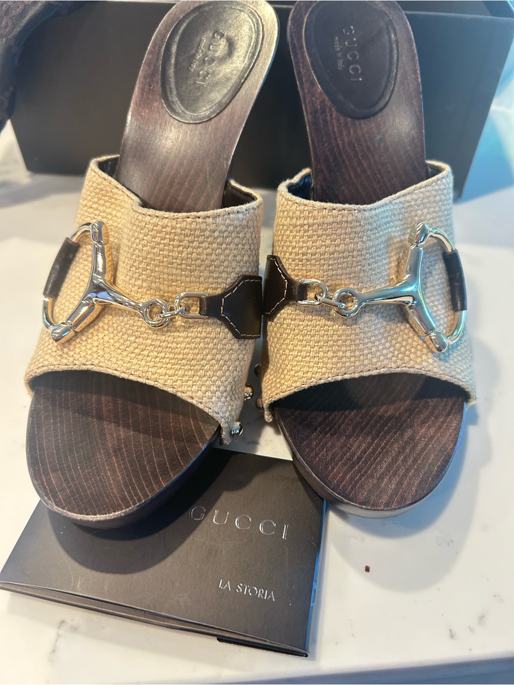 Gucci Beige Canvas Horsebit Studded Mule Heels - Picture 4 of 6